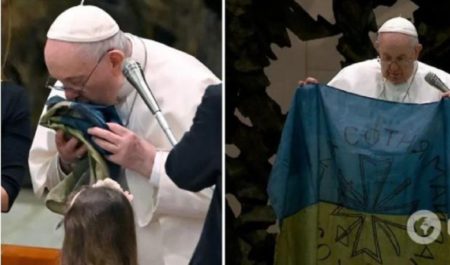 Папа Римський засудив звірства російських окупантів і поцілував прапор України із міста Буча